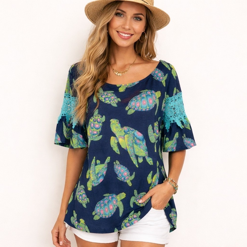 SIMPLY SOUTHERN Flutter Sleeve Top Size Medium Sea Turtle Print Blouse NWT